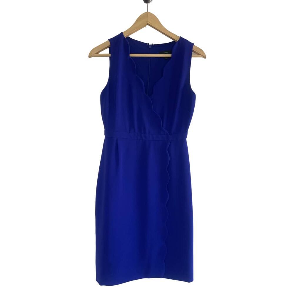 J CREW scalloped blue purple crepe front wrap sleeveless career office dress